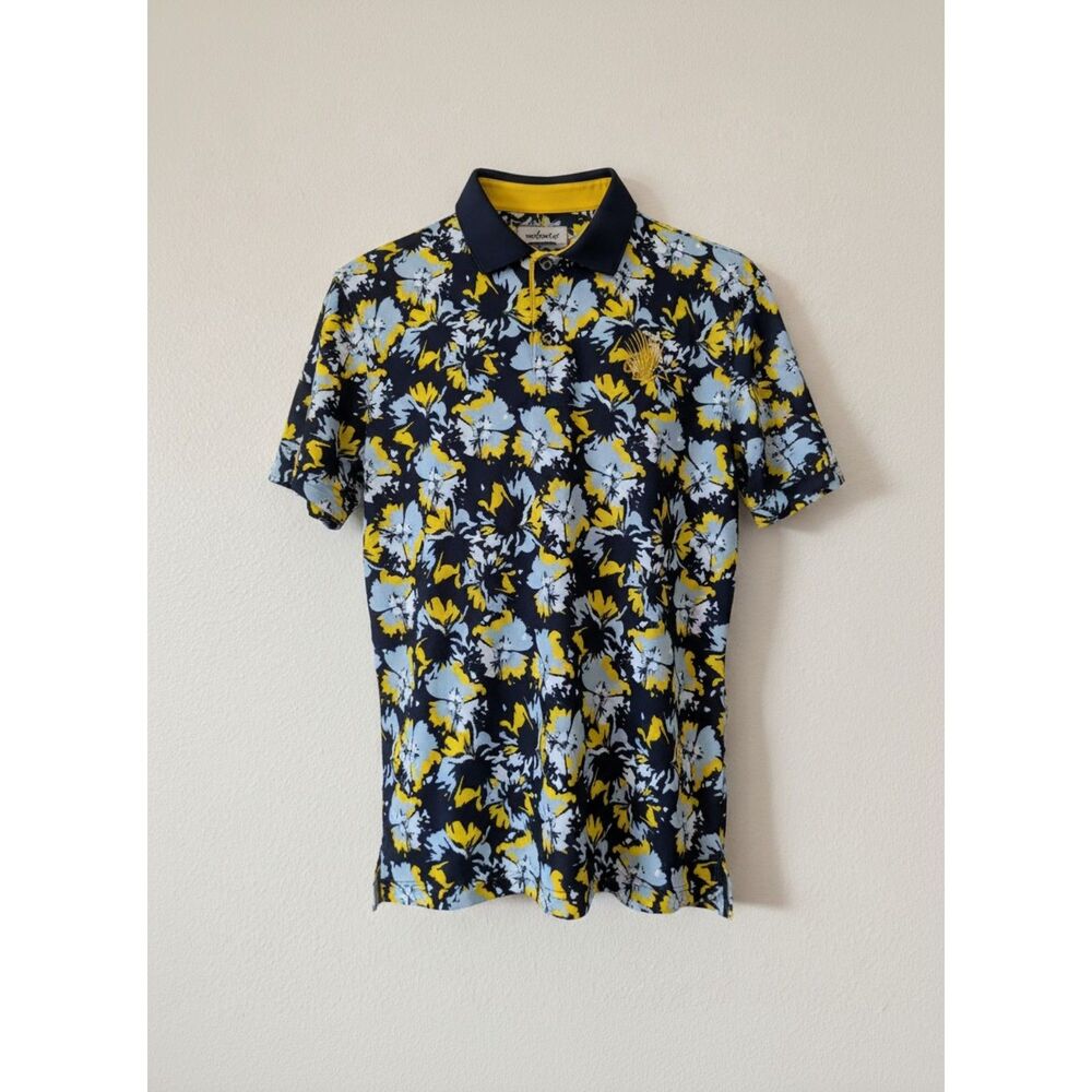 PUMA Borrego Golf Polo Shirt Blue Yellow Floral Pique Short Sleeve SzM